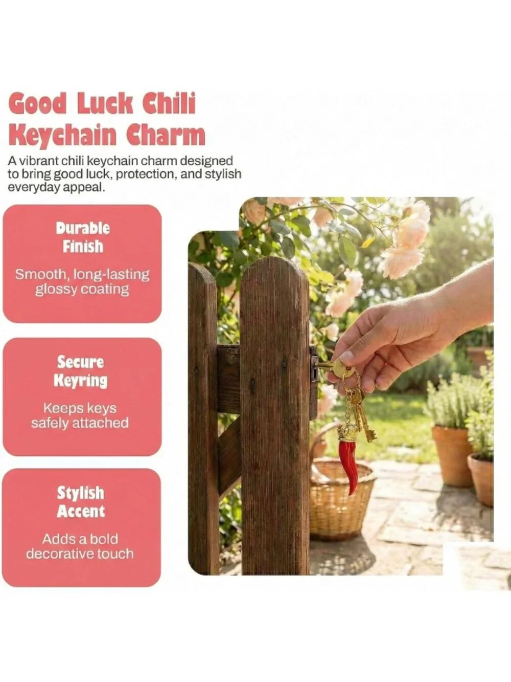 Chili Pepper Keychain with Gold Chain - Italian Red Horn Charm for Good Luck